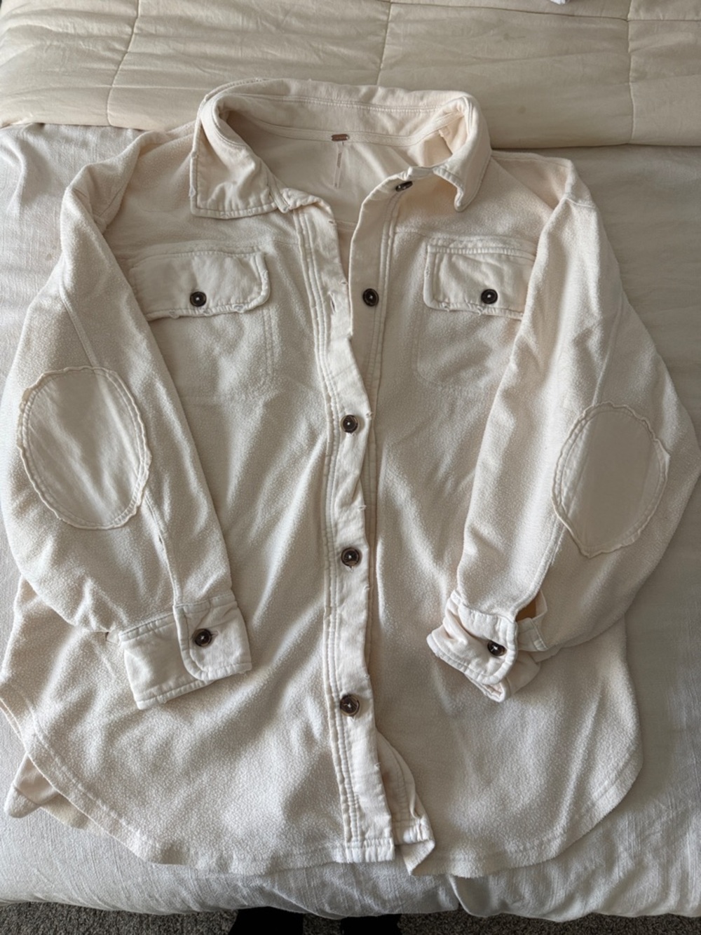 Free People Cream Button-Up Shirt Jacket with Elbow Patches